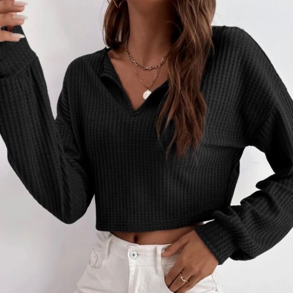 cute simple black shein top! Drop shoulder waffle knit tee!